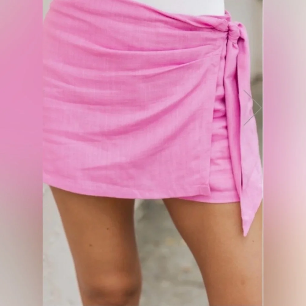Pink Lily You’re In Luck linen/cottn feel lined skort w sd tie SZ L  Barbiecore